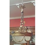A REGENCY STYLE GILT BRASS AND BRONZED METAL CEILING LIGHT, 
with frosted and cut glass bowl,