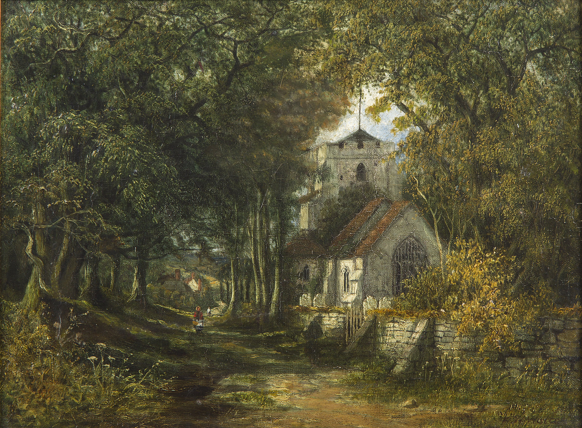 ATTRIBUTED TO FREDRICK WATERS WATTS (1800-1870), 
The Village Church with Figure on a Lane, O.O.C.