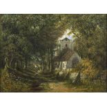 ATTRIBUTED TO FREDRICK WATERS WATTS (1800-1870), 
The Village Church with Figure on a Lane, O.O.C.