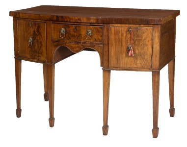 A 19TH CENTURY BOW FRONTED MAHOGANY SIDE BOARD, of small proportions,