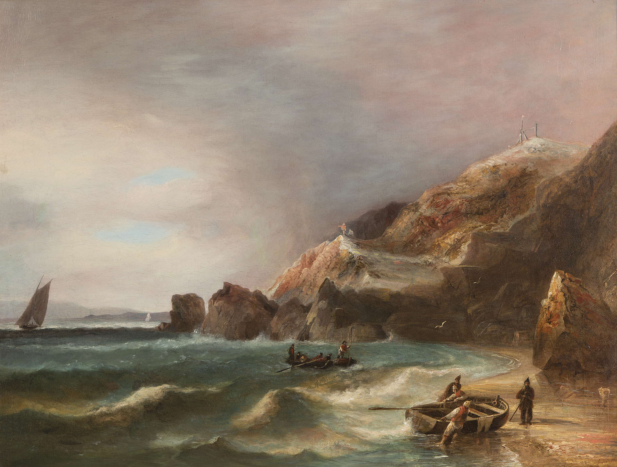 19TH CENTURY ENGLISH SCHOOL, 
Fisherman Taking Shelter  in a Rugged Coastal Scene, O.O.C.