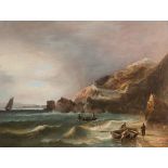 19TH CENTURY ENGLISH SCHOOL, 
Fisherman Taking Shelter  in a Rugged Coastal Scene, O.O.C.