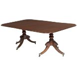 A GOOD QUALITY REGENCY PERIOD MAHOGANY TWIN PEDESTAL DINING TABLE,