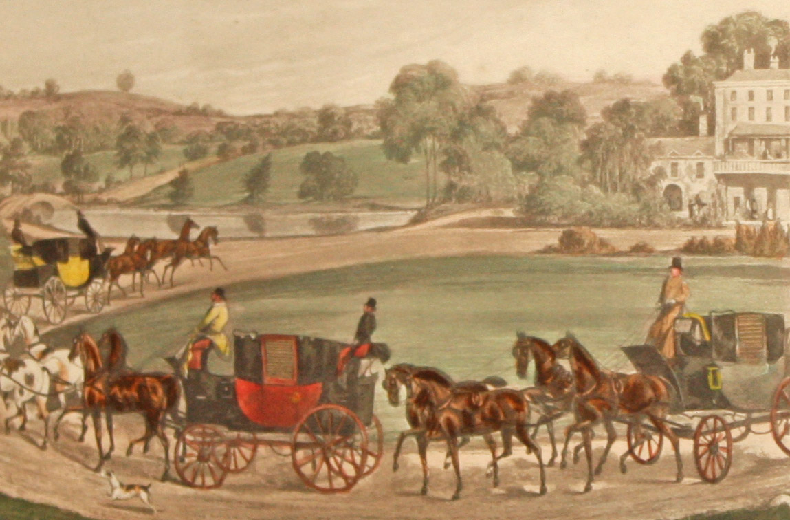A SET OF FOUR COLOURED ENGRAVINGS, 
depicting various coaching scenes,