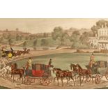 A SET OF FOUR COLOURED ENGRAVINGS, 
depicting various coaching scenes,