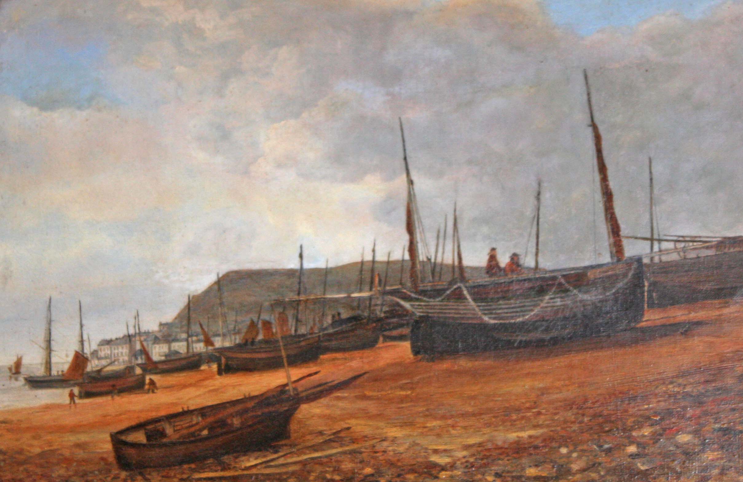 19TH CENTURY ENGLISH SCHOOL, 
A Cornish Fishing Village with Beeched Fishing Boats, O.O.C.