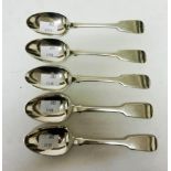 A SET OF FIVE IRISH WILLIAM IV FIDDLE PATTERN SILVER DESSERT SPOONS, 
by Peter Walsh Dubin 1834,