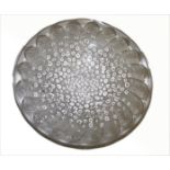 A CIRCULAR LALIQUE GLASS BOWL, 
relief moulded with fish and droplets, 14in (36cm),