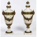 A PAIR OF HEAVY VEINED WHITE MARBLE AND BRASS MOUNTED URNS,