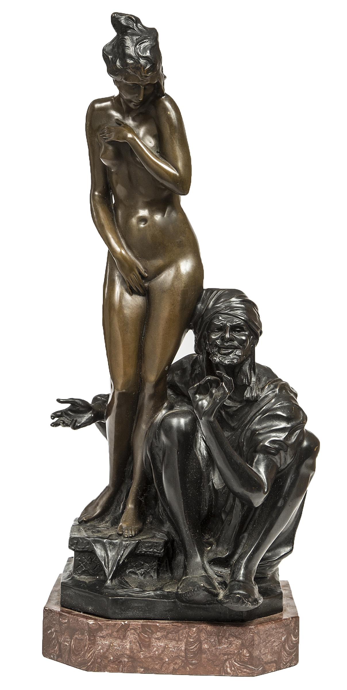 A HEAVY BRONZE GROUP, Arab Man Seated by a Standing Nude Maiden, on rouge marble base, 27.