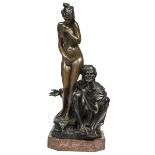 A HEAVY BRONZE GROUP, Arab Man Seated by a Standing Nude Maiden, on rouge marble base, 27.