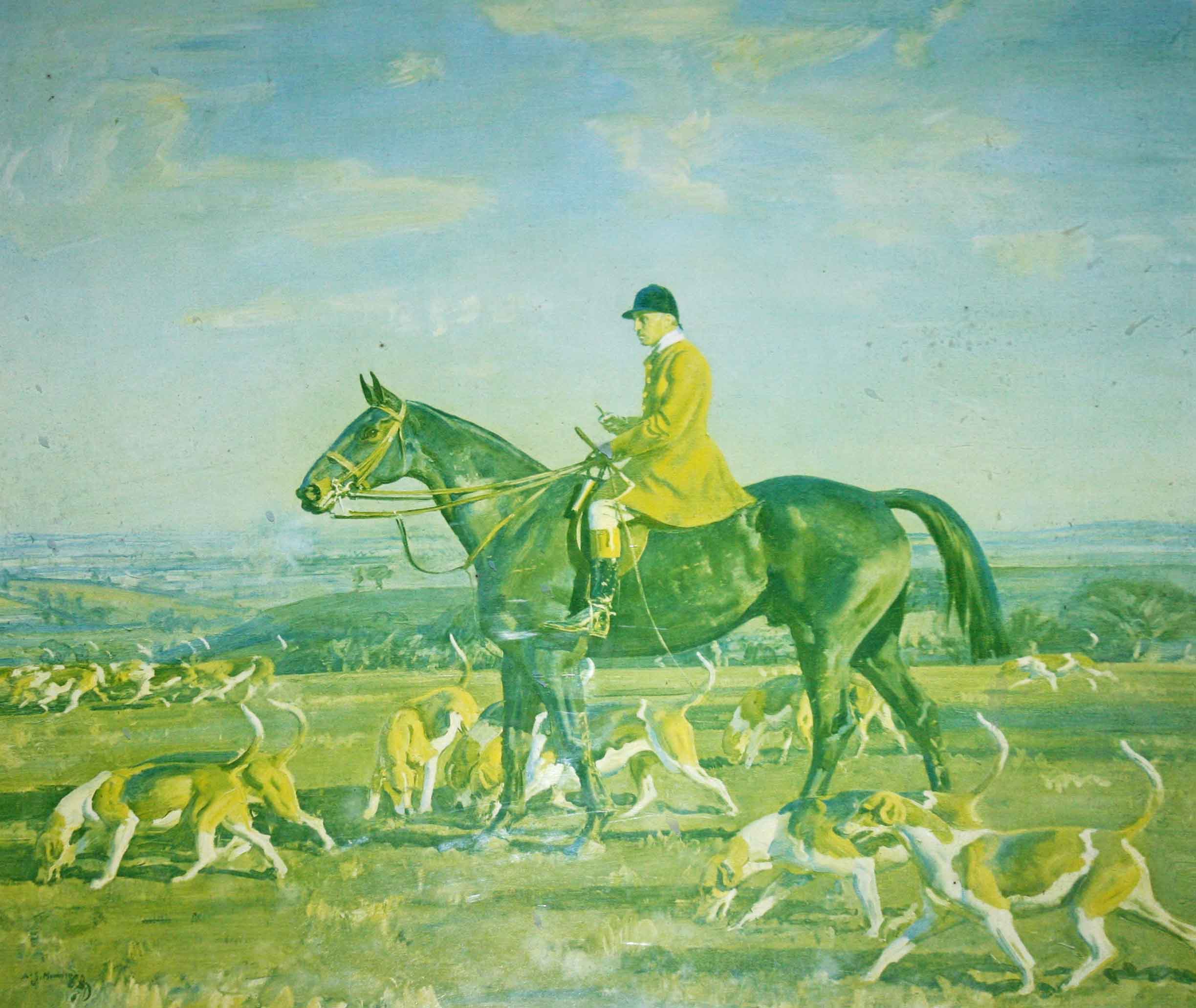 AFTER SIR ALFRED JAMES MUNNINGS, 
a framed print depicting a master of the hunt with hounds,