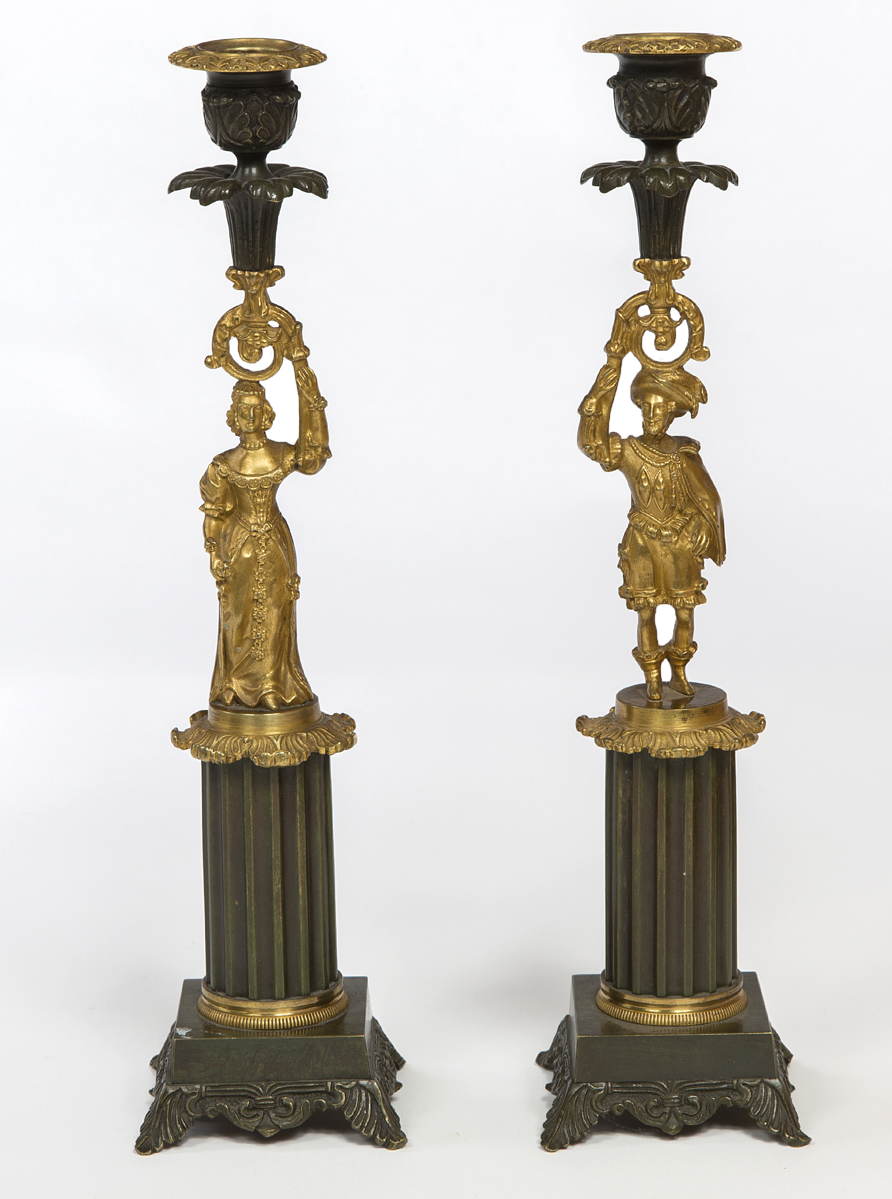 A VERY ATTRACTIVE PAIR OF BRONZE AND GILT BRONZE FIGURAL CANDLESTICKS,