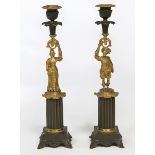 A VERY ATTRACTIVE PAIR OF BRONZE AND GILT BRONZE FIGURAL CANDLESTICKS,
