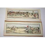 A PAIR OF CUALA PRESS HAND COLOURED LITHOGRAPHS, 
The Strand Races Start and Finish, unframed,