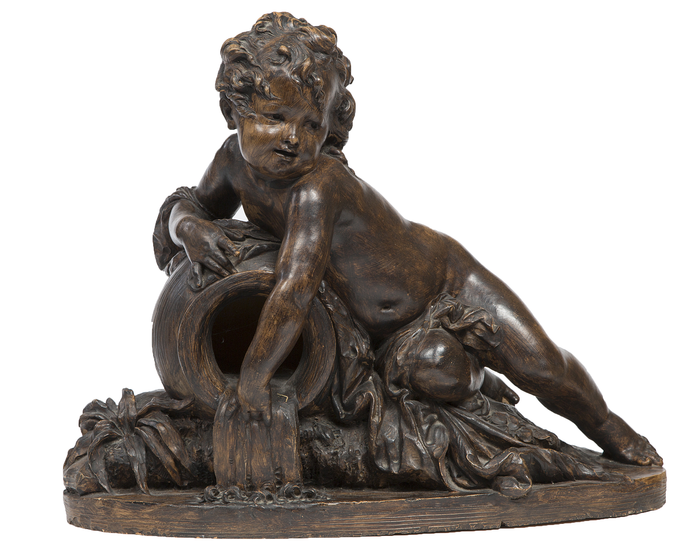 AN ATTRACTIVE BRONZED TERRACOTTA GROUP, 
modelled with cherub emptying water from a large vessel,