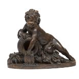 AN ATTRACTIVE BRONZED TERRACOTTA GROUP, 
modelled with cherub emptying water from a large vessel,