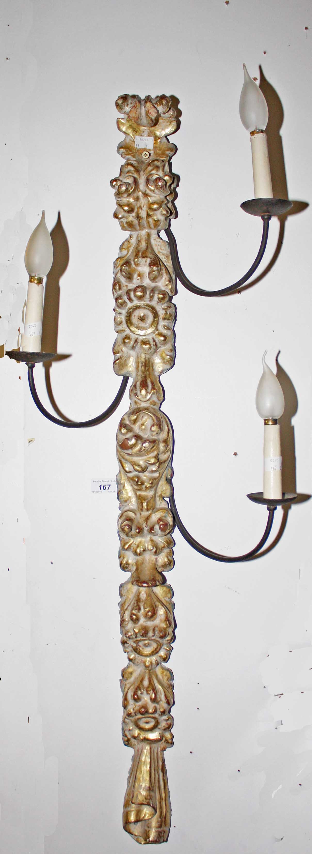 A PAIR OF WROUGHT IRON AND GILT WOOD THREE WALL LIGHTS, 
O.R.M.