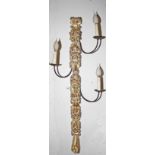 A PAIR OF WROUGHT IRON AND GILT WOOD THREE WALL LIGHTS, 
O.R.M.