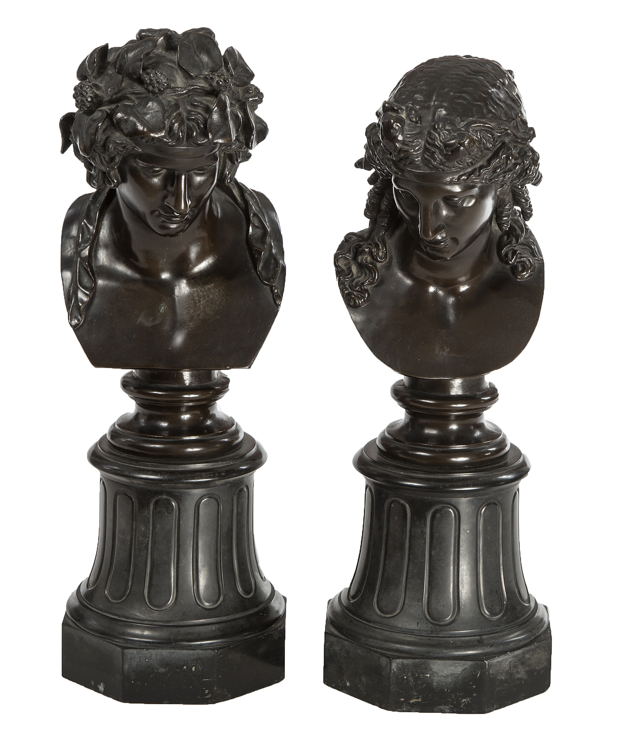 A PAIR OF HEAVY BRONZE BUSTS, 
modelled as Antinous and Ariadne,