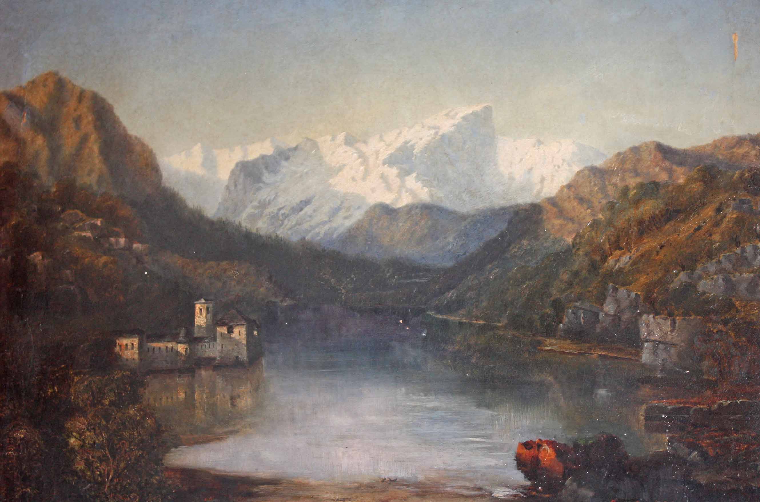 19TH CENTURY CONTINENTAL SCHOOL
"Mountainous River Landscape with Castle". O.O.C.