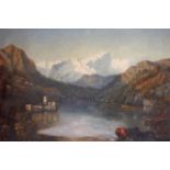 19TH CENTURY CONTINENTAL SCHOOL
"Mountainous River Landscape with Castle". O.O.C.