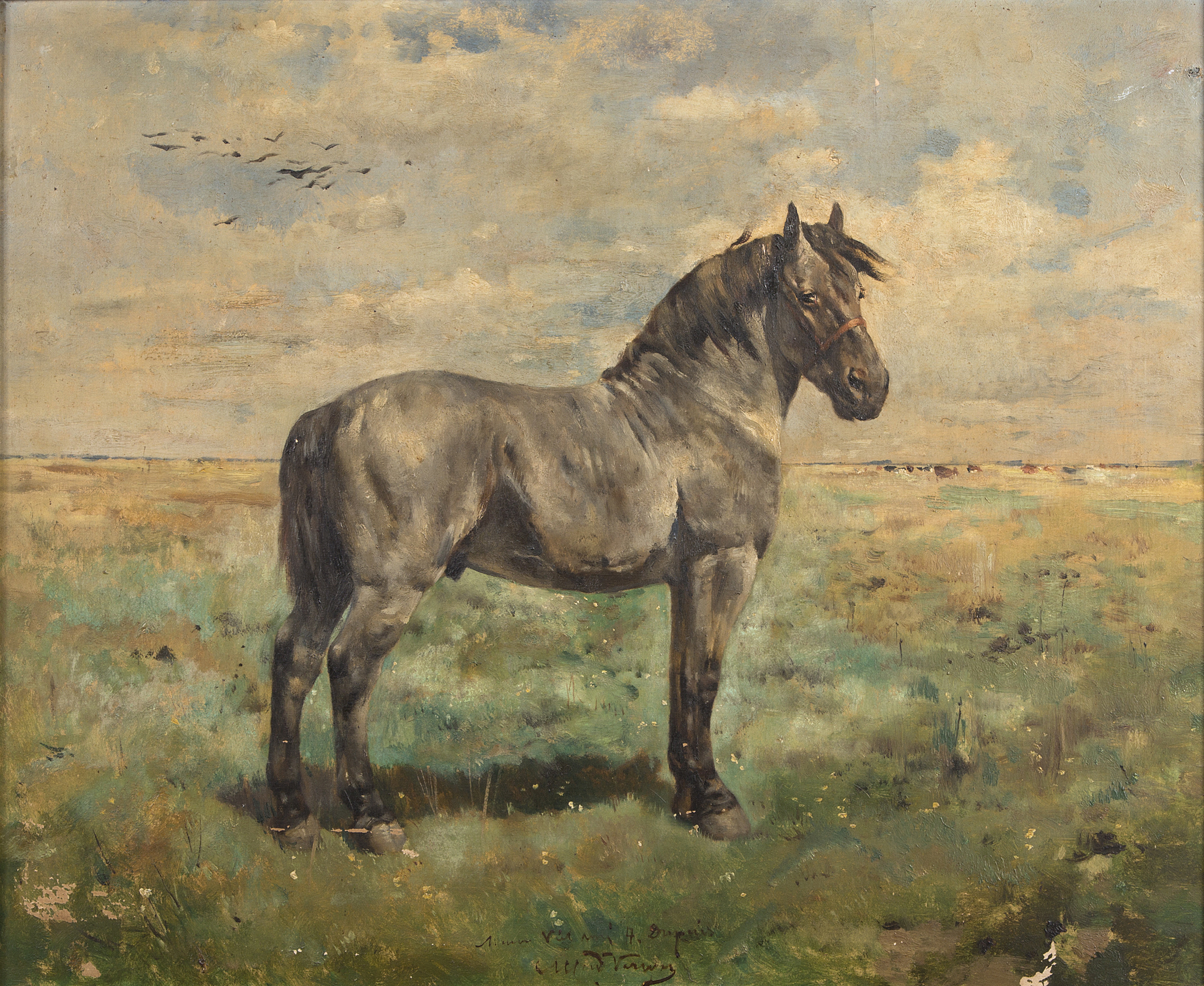 ALFRED JACQUES VERWEE (1838-1895)
Study of a Grey Pony in a Landscape with Cattle Beyond, O.O.C.