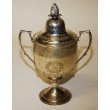A FINE  IRISH GEORGE III CRESTED SILVER TWO HANDLED CUP,
1810 by Joseph Scott,