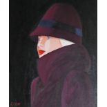 KEN O'NEILL (B.1967), 
The Crimson Cloche, portrait, O.O.C., signed lower left, 19in (49cm)h x 15.