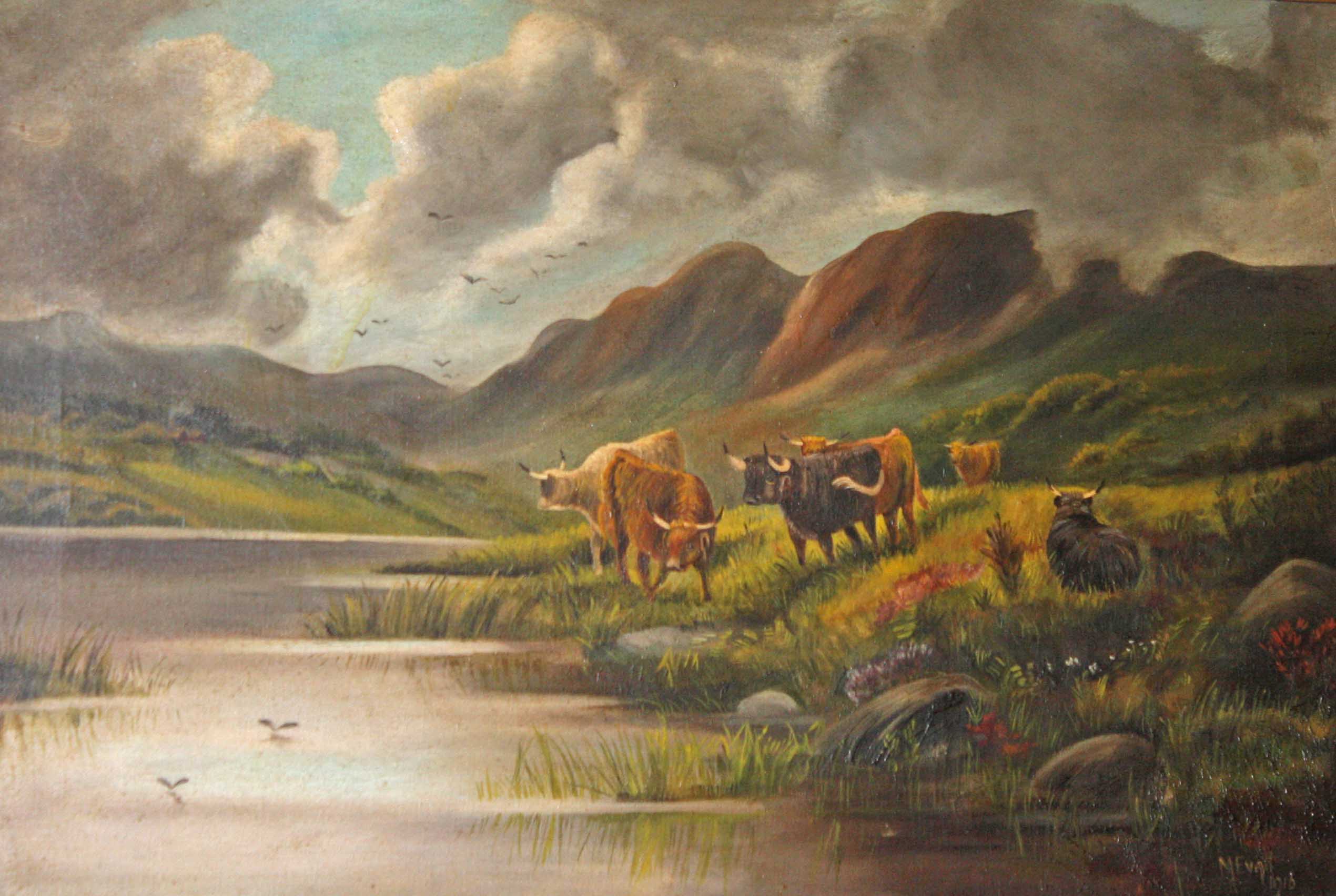 M. EVATT (EARLY 20TH CENTURY ENGLISH SCHOOL), 
Mountainous Landscape with Highland Cattle, O.O.C.