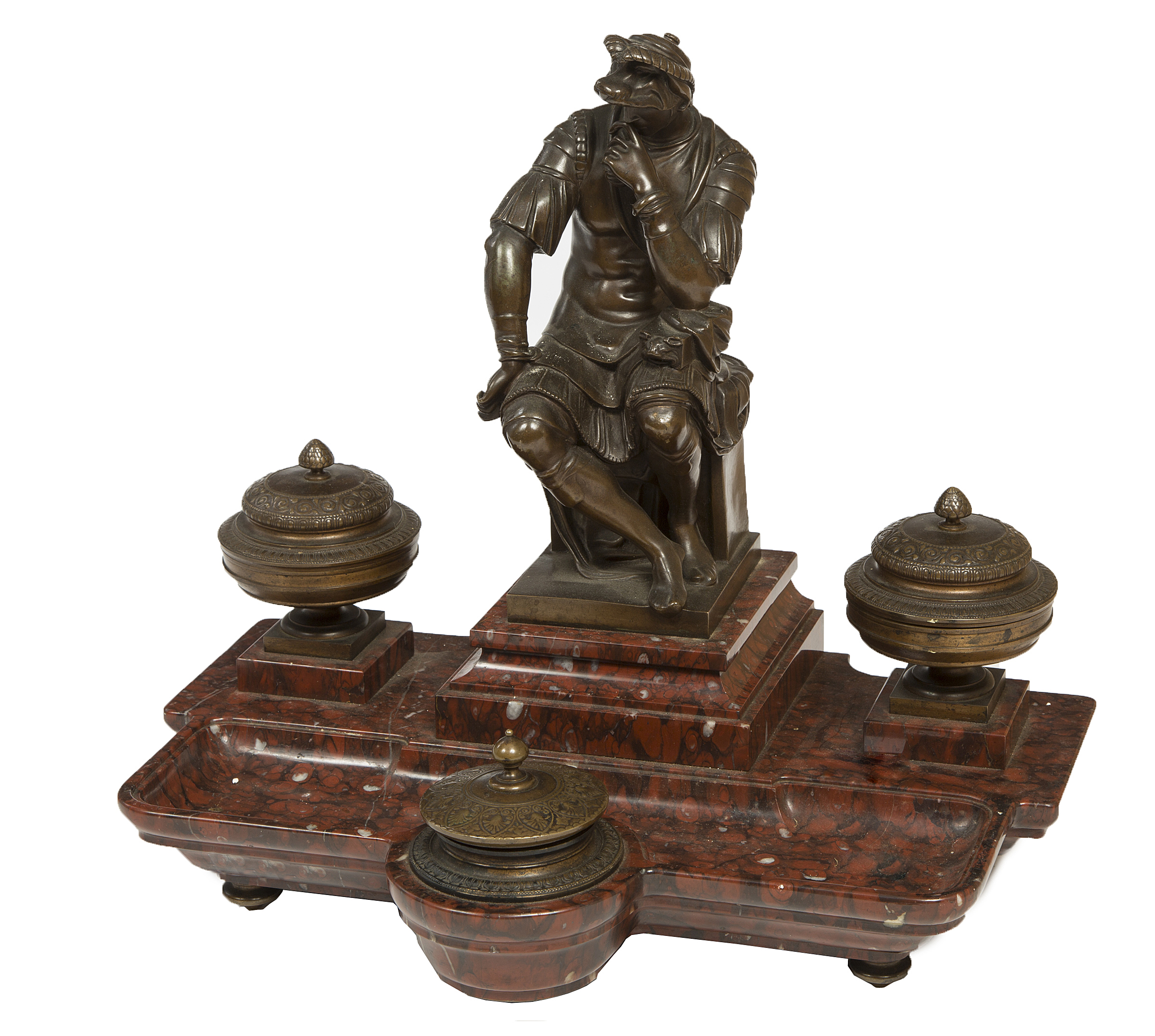 A FINE FRENCH BRONZE AND GRIOTTE D'ITALIE MARBLE DESK STAND, late 19th century,