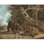 A RARE REGENCY PERIOD SAND PICTURE, depicting two snarling bear cubs at the edge of a wood, 18.