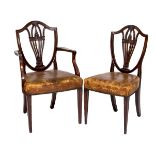 A GOOD SET OF SIX (4+2) HEPPLEWHITE STYLE MAHOGANY DINING CHAIRS,