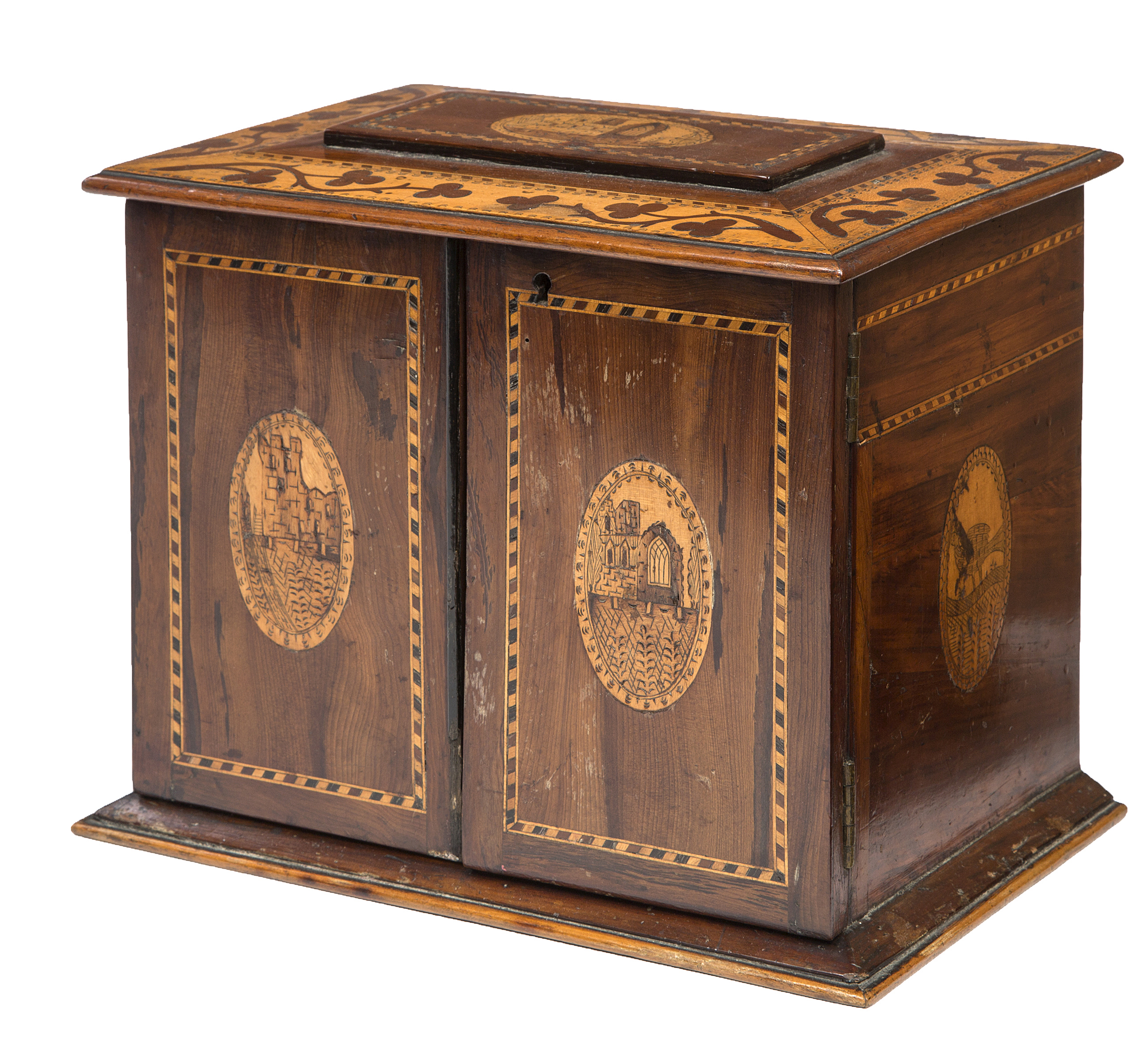 A 19TH CENTURY YEWWOOD AND MARQUETRY KILLARNEY TABLE TOP CHEST,