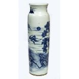 A TALL CHINESE BLUE AND WHITE VASE, 
decorated with lotus trees, bamboo, and a crane in flight, 18.