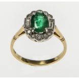 A VERY NICE EMERALD AND DIAMOND CLUSTER RING,