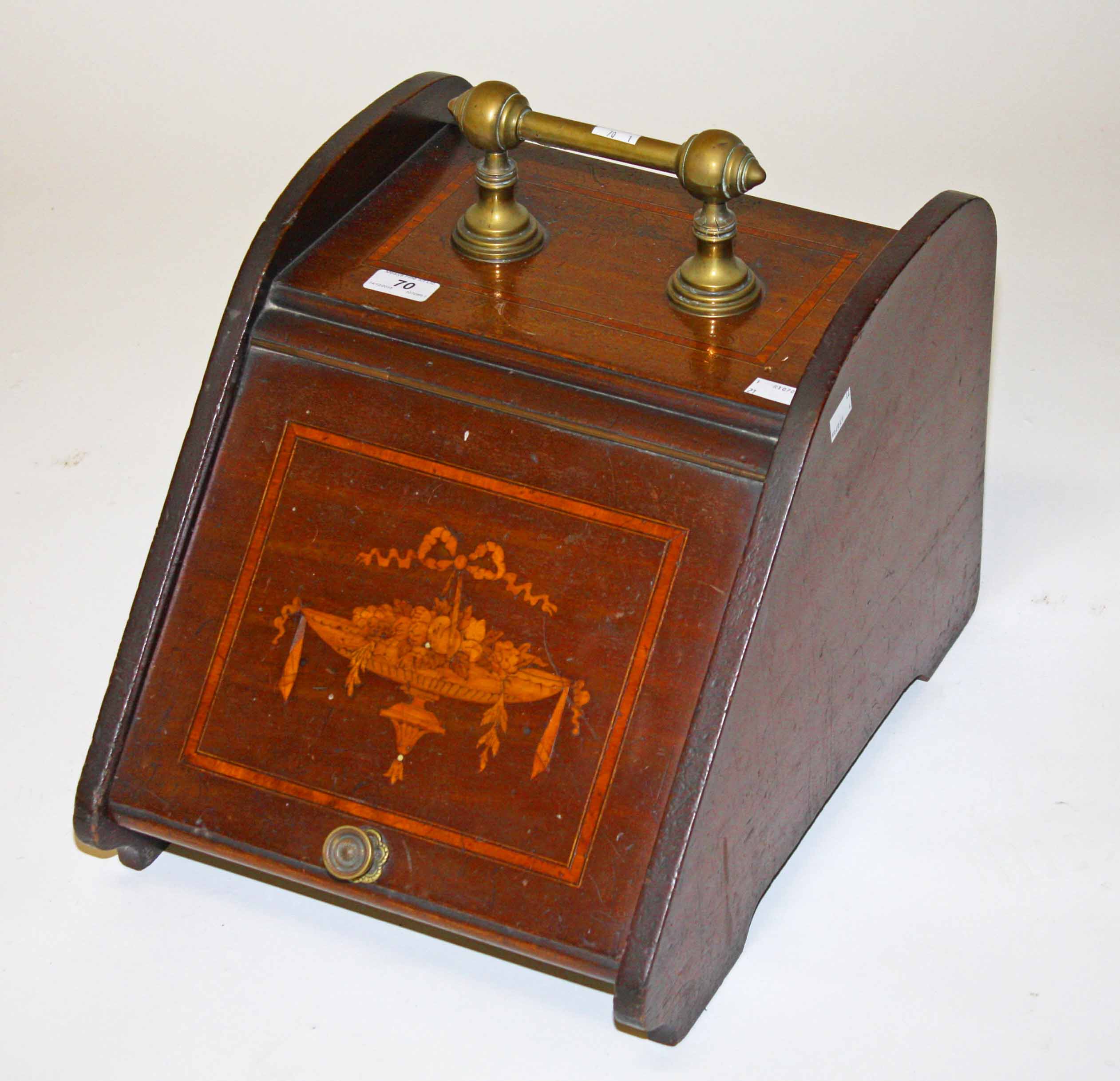 AN EDWARDIAN SLOPE FRONT AND MARQUETRY INLAID COAL SCUTTLE, 
with brass handle, 13.5in (34cm).