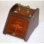 AN EDWARDIAN SLOPE FRONT AND MARQUETRY INLAID COAL SCUTTLE, 
with brass handle, 13.5in (34cm).