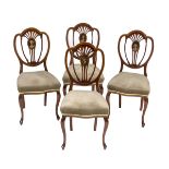 AN ATTRACTIVE SET OF FOUR EDWARDIAN INLAID MAHOGANY SHIELD BACK SIDE CHAIRS,