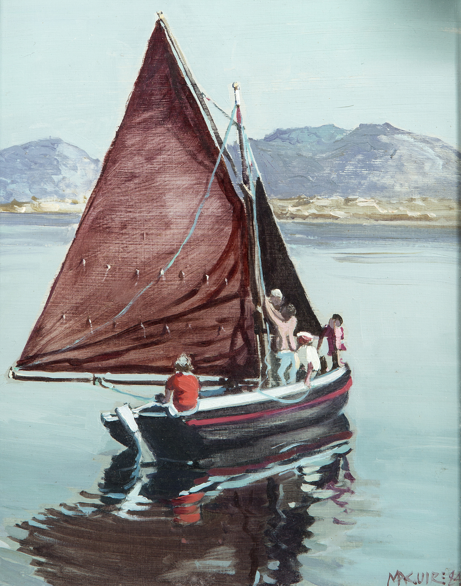 CECIL MAGUIRE (R.H.A.B.1930), 
Pucán, Cloch na Rón, depicting figures in a sailing boat, O.O.P., 9.