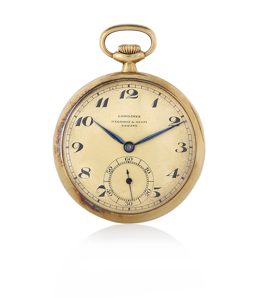 LONGINES PERSONALIZZATO PER DEGIORGI & NESSI LUGANO ANNI '30. C. smoth, 18K yellow gold. D.