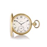 LONGINES ANNI '30. C. hunter case, 18K yellow gold. D. silvered with painted Breguet numerals and