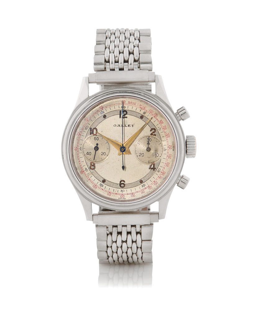 GALLET CRONOGRAFO ANNI '50. C. stainless steel with screwed case back and round buttons. D. two-tone