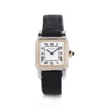 CARTIER PARIS SANTOS ANNI '80.  C. square-shaped 18K white and yellow gold with case back and