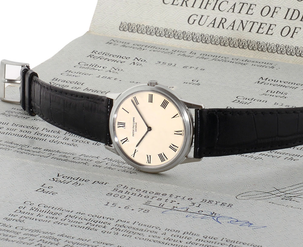 PATEK PHILIPPE GENEVE REF. 3591 DEL 1978 CA. C. 18K white gold with sapphire crystal. D. silvered