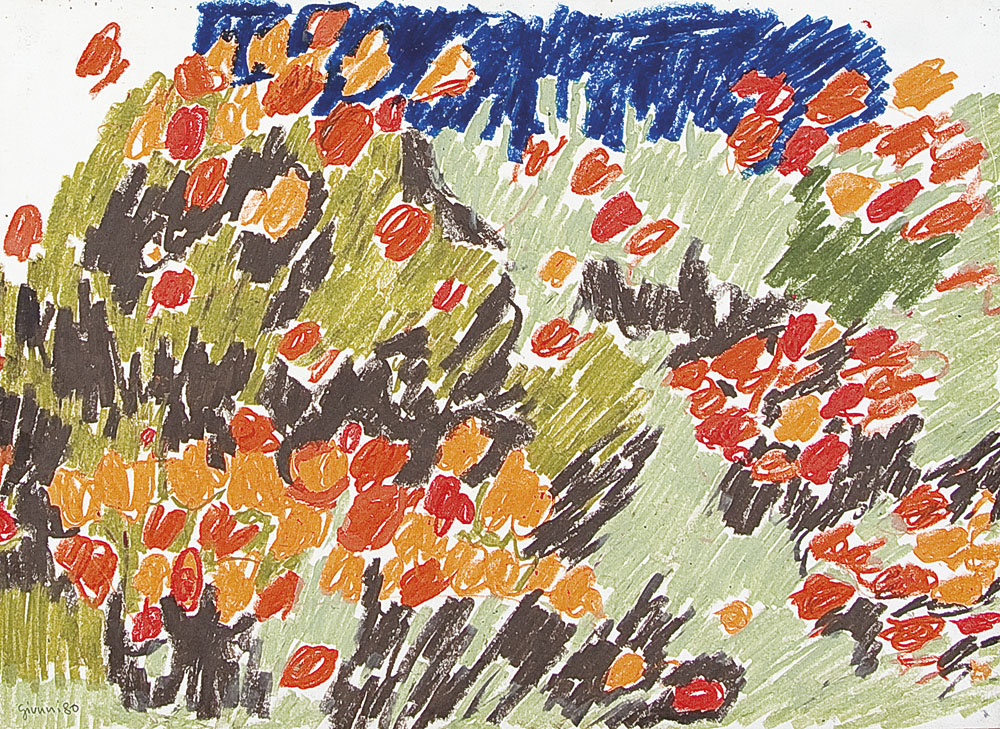 GIUNNI PIERO b. 1912 d. 2001 Campo di papaveri, 1980 pastelli ad olio su carta intelata cm. 50x70x2,