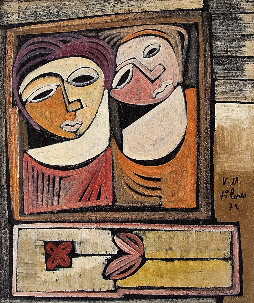 DI CARLO VITTORIO MARIA b. 1939  Le amiche, 1972 olio su tela cm. 60x50, firma e anno sulla