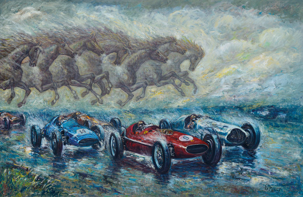 GONZAGA GIOVANFRANCESCO b. 1921 d. 2007 Cavalli e motori, 1990 olio su tela cm. 140x200, firma in