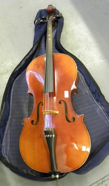 A CELLO LABELLED EXCELSIOR FOREIGN IMPORTED BY BOOSEY & HAWKES, LONDON