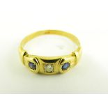 A SAPPHIRE AND DIAMOND THREE STONE RING IN 18CT GOLD, MARKS RUBBED C1900, 3.7G